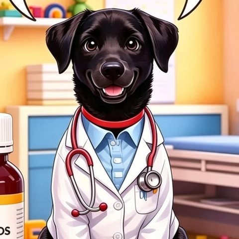 Ilustración de Roña, el perro del consultorio, con guardapolvo y estetoscopio